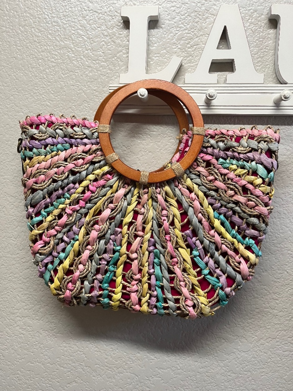 Patricia Nash Lesa Multicolor Woven Straw Tote Wood Handles Beach Bag
